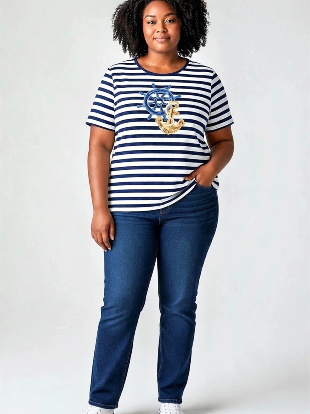Quacker Factory Striped Embellished Short Sleeve Top in Blue & White Size Large
